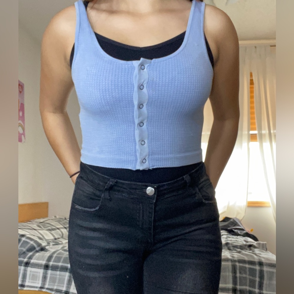 Blue tank crop top with buttons
